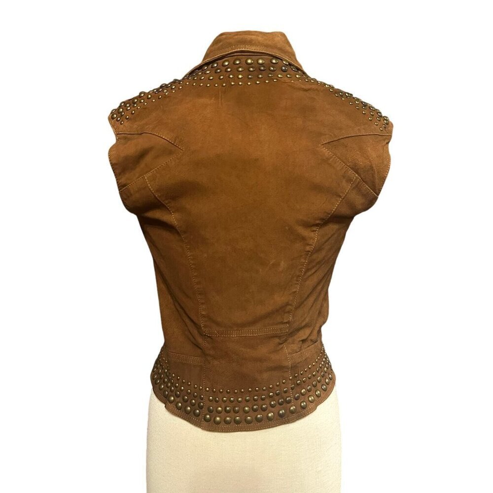 Haute Hippie XS Goat Suede Studded Cognac Leather Moto Vest Jacket MSRP $695 - Picture 8 of 11